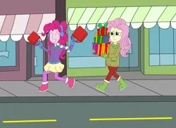 Size: 2337x1700 | Tagged: safe, artist:equestriaguy637, derpibooru import, fluttershy, pinkie pie, equestria girls, bag, boots, building, canterlot city, carrying, christmas, christmas shopping, clothes, earmuffs, eyes closed, eyes screwed straight, female, gift wrapped, gloves, grin, hearth's warming, holiday, hopping, pantyhose, pavement, present, road, scarf, shoes, shopping, skipping, skirt, smiling, street, walking, winter, winter outfit, yellow lines
