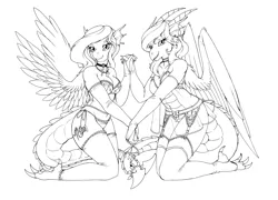 Size: 4952x3570 | Tagged: anthro, artist:longinius, breasts, clothes, corset, derpibooru import, dracony, dragon, dragoness, duo, duo female, ear piercing, earring, female, garter belt, gloves, grayscale, holding hands, hybrid, jewelry, long gloves, looking at you, monochrome, necklace, oc, oc:ardana, original species, panties, pegasus, piercing, self ponidox, stockings, suggestive, thigh highs, thong, underwear, unofficial characters only