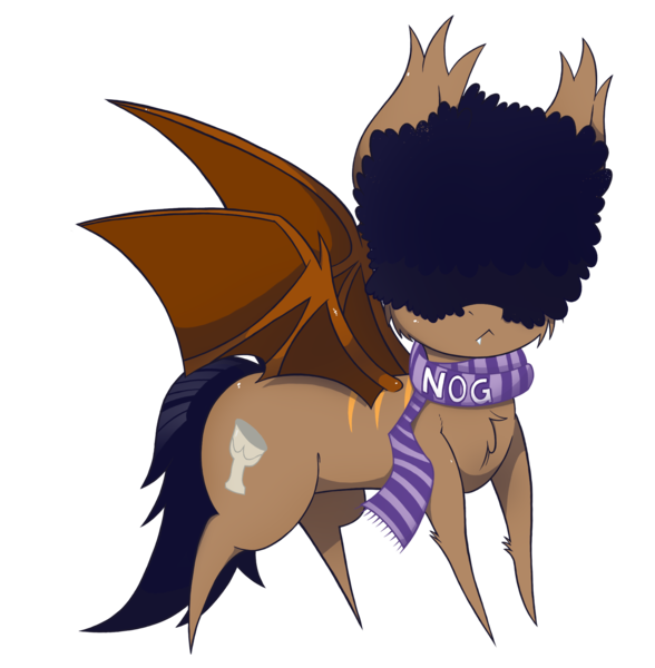 Size: 1889x1929 | Tagged: safe, artist:dragonpone, derpibooru import, oc, oc:chug, unofficial characters only, bat pony, pony, 2018 community collab, derpibooru community collaboration, afro, bat pony oc, cheek fluff, chest fluff, clothes, ear fluff, fangs, hair over eyes, male, pointy ponies, ponysona, scarf, simple background, solo, spread wings, stallion, transparent background, wings