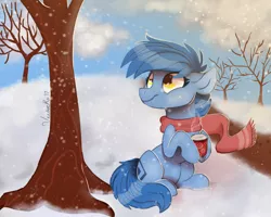 Size: 2500x2000 | Tagged: safe, artist:veesocks, derpibooru import, oc, oc:blueberry, unofficial characters only, earth pony, pony, bare tree, chocolate, clothes, food, hot chocolate, scarf, solo, tree, winter