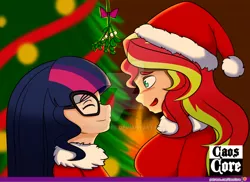 Size: 1024x746 | Tagged: safe, artist:caoscore, derpibooru import, sci-twi, sunset shimmer, twilight sparkle, equestria girls, blushing, breasts, busty sunset shimmer, christmas, christmas tree, clothes, costume, cute, eyes closed, female, hat, height difference, holiday, human coloration, imminent kissing, lesbian, mistletoe, patreon, patreon logo, santa costume, santa hat, scitwishimmer, shimmerbetes, shipping, sunsetsparkle, tree, twiabetes, watermark