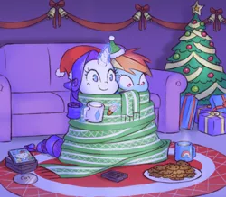 Size: 1130x989 | Tagged: safe, artist:raridashdoodles, derpibooru import, rainbow dash, rarity, pegasus, pony, unicorn, c:, christmas, christmas tree, clothes, comfy, cookie, couch, cuddling, cute, dashabetes, duo, dvd, eyes on the prize, female, food, glowing horn, hat, hello kitty, holiday, lesbian, levitation, magic, mare, milk, mistakes were made, mug, present, raribetes, raridash, sanrio, santa hat, scarf, shared clothing, shared scarf, shipping, smiling, snuggling, stuck, telekinesis, tree, unicorn master race, wide eyes, wrapped up