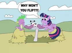Size: 2337x1700 | Tagged: safe, artist:equestriaguy637, derpibooru import, spike, twilight sparkle, twilight sparkle (alicorn), alicorn, dragon, pony, angry, cloud, crossover, dialogue, facepalm, female, flipsie, folded wings, hay, male, mare, mushroom table, silly, silly pony, sitting, speech bubble, table, the fairly oddparents, toy, voice actor joke