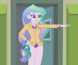 Size: 1300x1080 | Tagged: suggestive, derpibooru import, edit, edited edit, edited screencap, editor:ah96, editor:slayerbvc, screencap, princess celestia, equestria girls, music to my ears, rainbow rocks, blazer, canterlot high, clothes, female, hallway, headphones, implied vinyl scratch, legs, no pants, panties, pointing, principal celestia, purple underwear, solo, solo female, thighs, underwear, underwear edit