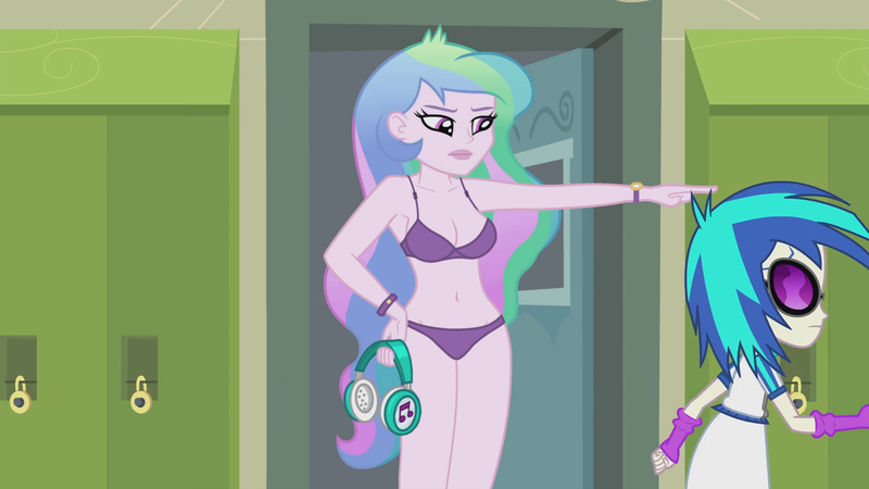 Size: 1280x720 | Tagged: suggestive, derpibooru import, edit, edited edit, edited screencap, editor:ah96, editor:slayerbvc, screencap, princess celestia, vinyl scratch, equestria girls, music to my ears, rainbow rocks, bra, breasts, cleavage, clothes, hallway, headphones, panties, principal celestia, purple underwear, underwear, underwear edit