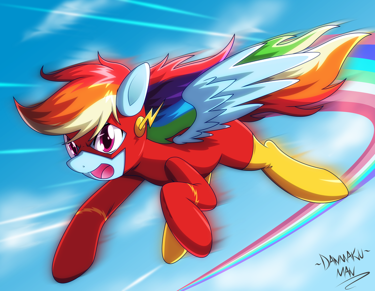 Size: 4000x3100 | Tagged: safe, artist:danmakuman, derpibooru import, rainbow dash, pegasus, pony, clothes, commission, cosplay, costume, dc comics, female, flying, high res, mare, open mouth, signature, solo, the flash