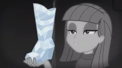 Size: 1272x716 | Tagged: safe, derpibooru import, edit, edited screencap, screencap, maud pie, equestria girls, equestria girls series, rarity investigates: the case of the bedazzled boot, boot, female, grayscale, inverted mouth, monochrome, rarity investigates (eqg): applejack, smiling, solo