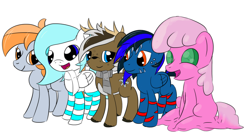 Size: 3180x1754 | Tagged: safe, artist:phat_guy, derpibooru import, oc, oc:arwin, oc:cloudchaser, oc:darkest hour, oc:frosty fortress, oc:spring heart, unofficial characters only, deer, earth pony, goo pony, original species, pegasus, pony, 2018 community collab, derpibooru community collaboration, antlers, clothes, female, group, male, mare, open mouth, scarf, simple background, sitting, smiling, socks, stallion, standing, striped socks, transparent background