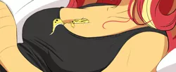 Size: 1114x460 | Tagged: suggestive, artist:ncmares, derpibooru import, edit, ray, sunset shimmer, human, leopard gecko, equestria girls, between breasts, big breasts, breast pillow, breasts, busty sunset shimmer, cleavage, clothes, controller, cropped, cute, midriff, panties, ray snuggling in sunset's cleavage, tanktop, video game