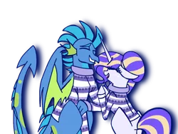 Size: 1024x768 | Tagged: safe, artist:xsketchii-draws, derpibooru import, oc, oc:azure blaze, oc:cross-stitch clarity, unofficial characters only, dragon, unicorn, christmas sweater, clothes, female, interspecies offspring, magical lesbian spawn, male, oc x oc, offspring, offspring shipping, parent:applejack, parent:princess ember, parent:rarity, parent:spike, parents:emberspike, parents:rarijack, shipping, simple background, straight, sweater, transparent background