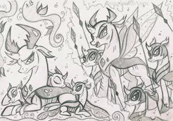 Size: 2295x1611 | Tagged: armor, artist:rossmaniteanzu, changedling, changedling brothers, changeling, changeling guard, changeling hive, changeling king, contrast, derpibooru import, gray background, grayscale, king thorax, lying down, monochrome, papa thorax, pencil drawing, pharynx, prince pharynx, safe, simple background, smiling, spear, thorax, traditional art, weapon