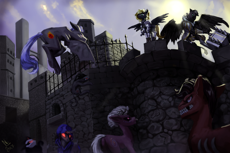 Size: 3000x2000 | Tagged: safe, artist:nsilverdraws, derpibooru import, oc, oc:forge, oc:veen sundown, unofficial characters only, demon, demon pony, earth pony, gryphon, horse, pegasus, pony, unicorn, angry, armor, blonde, bone, castle, climbing, cloud, cloudy, demon hunter, detailed, female, fence, flying, glowing eyes, hammer, hood, horns, majestic, male, mare, piercing, ponytail, scabbard, standing, sun, sundown clan, sword, weapon, window