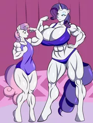 Size: 2264x3000 | Tagged: anthro, artist:marauder6272, artist:nokozeze, big breasts, breasts, busty rarity, carousel boutique, clothes, derpibooru import, female, fetish, huge breasts, muscle fetish, muscles, older, older sweetie belle, one-piece swimsuit, rarity, ripped rarity, sisters, suggestive, sweetie barbell, sweetie belle, swimsuit, unguligrade anthro