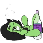 Size: 1200x1200 | Tagged: safe, artist:skitter, derpibooru import, oc, oc:anonfilly, unofficial characters only, pony, alcohol, bottle, cute, drunk, female, filly, floppy ears, implied starlight glimmer, on back, simple background, smiling, underaged drinking, vodka, white background