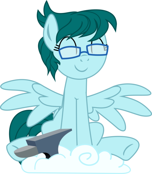 Size: 1200x1373 | Tagged: safe, artist:yoshimon1, derpibooru import, oc, oc:cloudy bits, unofficial characters only, pegasus, pony, 2018 community collab, derpibooru community collaboration, anvil, cloud, cloud storage, cute, eyes closed, female, glasses, mare, simple background, sitting, solo, spread wings, transparent background, wings