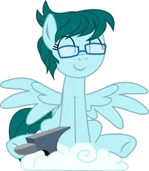 Size: 1200x1373 | Tagged: safe, artist:yoshimon1, derpibooru import, oc, oc:cloudy bits, unofficial characters only, pegasus, pony, 2018 community collab, derpibooru community collaboration, anvil, cloud, cloud storage, cute, eyes closed, female, glasses, mare, simple background, sitting, solo, spread wings, transparent background, wings