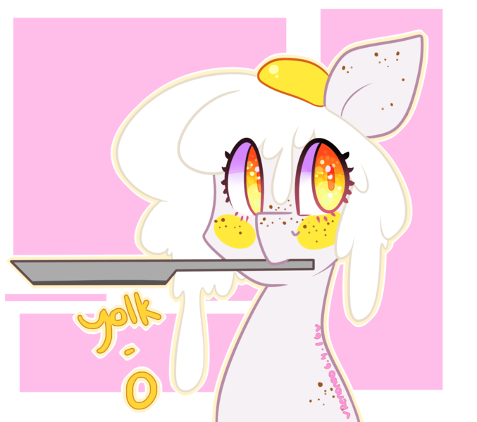 Size: 1796x1592 | Tagged: safe, artist:bunxl, derpibooru import, oc, oc:yolk, unofficial characters only, food pony, original species, pony, egg pony, egg yolk, food, frying pan, mouth hold, solo