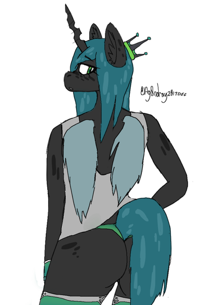 Size: 960x1358 | Tagged: anthro, artist:itzdatag0ndray, ass, bugbutt, butt, clothes, crown, derpibooru import, ear fluff, fingerless gloves, gloves, jewelry, looking back, partial nudity, queen chrysalis, regalia, simple background, socks, solo, suggestive, tanktop, white background