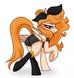 Size: 1025x1080 | Tagged: safe, artist:pixxpal, derpibooru import, oc, oc:inspiring radiance, unofficial characters only, pegasus, pony, bow, clothes, cosplay, costume, female, hair bow, mare, plot, shorts, solo