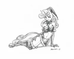 Size: 1400x1126 | Tagged: suggestive, artist:baron engel, derpibooru import, sweetie belle, anthro, elf, unguligrade anthro, unicorn, breasts, christmas, cleavage, clothes, female, grayscale, hat, holiday, looking at you, monochrome, older, older sweetie belle, pencil drawing, santa hat, simple background, solo, solo female, traditional art, white background