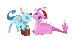 Size: 800x433 | Tagged: safe, artist:croakgua, derpibooru import, aria blaze, sonata dusk, siren, :p, :|, antlers, arisona, blushing, christmas, cloven hooves, cute, dazzling, exclamation point, eyes closed, face licking, female, hat, heart, holiday, image, interrobang, lesbian, licking, lineless, no catchlights, no pupils, png, present, prone, question mark, red nose, santa hat, shipping, simple background, surprised, tongue out, white background, wide eyes