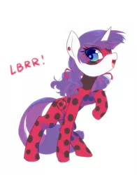 Size: 1200x1527 | Tagged: safe, artist:kkmrarar, derpibooru import, rarity, pony, unicorn, clothes, colored pupils, cosplay, costume, crossover, cute, female, mare, mask, miraculous ladybug, open mouth, parody, raised hoof, raribetes, simple background, smiling, solo, white background