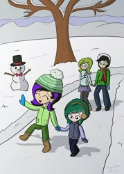 Size: 2000x2800 | Tagged: artist:sketchydesign78, bare tree, children, clothes, cute, daaaaaaaaaaaw, derpibooru import, earmuffs, family, group, hat, holding hands, human, humanized, humanized oc, mittens, oc, oc:racer hooves, oc:rain blitz, oc:sketchy design, oc:spearmint, outdoors, safe, scarf, snow, snowman, tree, unofficial characters only, walking, winter