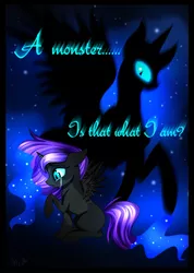 Size: 819x1149 | Tagged: safe, artist:derpsonhooves, derpibooru import, oc, oc:nyx, unofficial characters only, alicorn, pony, alicorn oc, crying, duality, ethereal mane, raised hoof, solo, starry mane