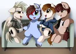 Size: 1024x724 | Tagged: safe, artist:pridark, derpibooru import, ponified, pony, bts, clothes, commission, group, hoodie, k-pop, korean, one eye closed, open mouth, sitting, wink
