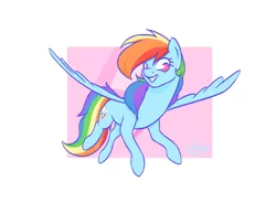 Size: 1024x755 | Tagged: safe, artist:eternalsubscriber, derpibooru import, rainbow dash, pegasus, pony, abstract background, female, flying, grin, mare, no pupils, signature, smiling, solo, spread wings, wings