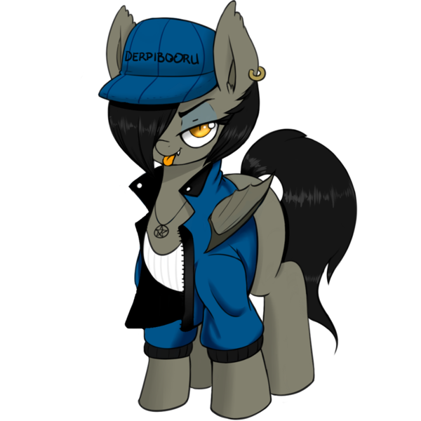 Size: 1200x1200 | Tagged: safe, artist:aer0 zer0, derpibooru import, oc, oc:enzeria, unofficial characters only, bat pony, 2018 community collab, derpibooru community collaboration, bat pony oc, cap, clothes, female, hair over one eye, hat, looking at you, simple background, solo, tongue out, transparent background
