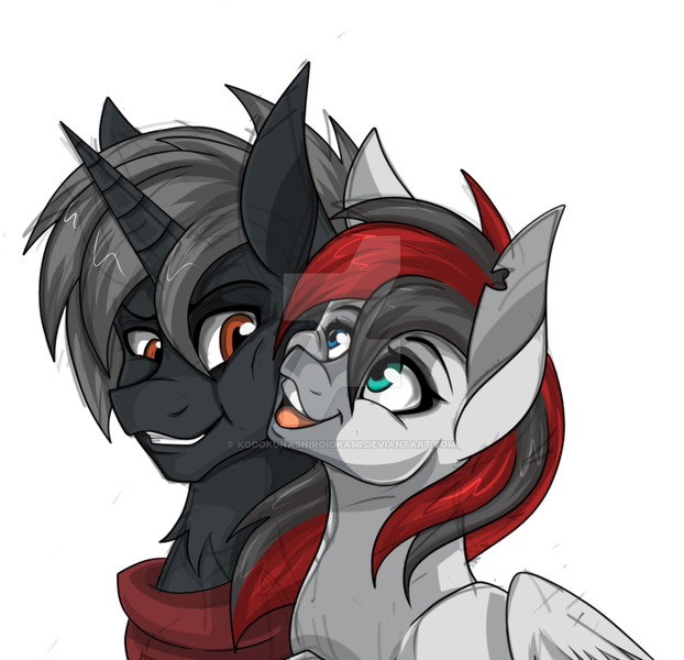 Size: 900x868 | Tagged: safe, artist:derpsonhooves, derpibooru import, oc, oc:cold steel, oc:eagle eye, unofficial characters only, pony, unicorn, fallout equestria, blushing, bust, female, lesbian, portrait, shipping, watermark