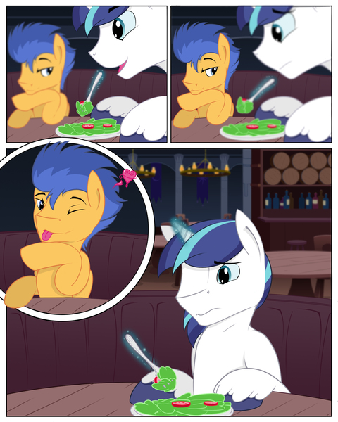 Size: 2400x3000 | Tagged: questionable, artist:regolithart, derpibooru import, flash sentry, shining armor, pony, comic:double date, :3, :p, bedroom eyes, comic, flirting, food, fork, frown, gay, glowing horn, heart, image, implied infidelity, jpeg, levitation, magic, male, nervous, one eye closed, restaurant, salad, shiningsentry, shipping, silly, sitting, smiling, telekinesis, tongue out, unshorn fetlocks, wavy mouth, wink