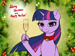 Size: 4000x3000 | Tagged: absurd resolution, artist:deltahedgehog, bell, cat bell, champagne, collar, derpibooru import, happy new year, happy new year 2018, holiday, holly, hoof hold, looking at you, merry christmas, safe, signature, smiling, solo, twilight sparkle