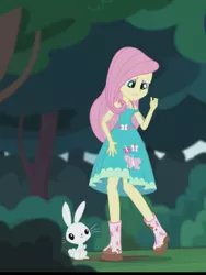 Size: 1536x2048 | Tagged: safe, derpibooru import, screencap, angel bunny, fluttershy, butterfly, rabbit, equestria girls, equestria girls series, stressed in show, stressed in show: fluttershy, boots, clothes, cute, dirty, dress, forest, frown, looking down, mud, muddy, raised leg, sad, shoes, smiling