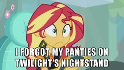 Size: 600x341 | Tagged: safe, derpibooru import, edit, edited screencap, screencap, sunset shimmer, driving miss shimmer, equestria girls, equestria girls series, caption, car, driving miss shimmer: fluttershy, faic, image macro, implied lesbian, implied scitwishimmer, implied sex, implied shipping, implied sunsetsparkle, meme, solo