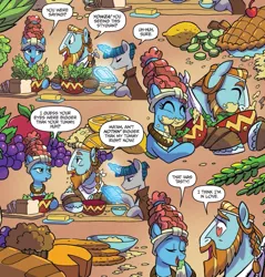 Size: 1003x1050 | Tagged: safe, artist:tonyfleecs, derpibooru import, idw, meadowbrook, rockhoof, stygian, earth pony, pony, unicorn, legends of magic, spoiler:comic, spoiler:comiclom9, apple, book, bowl, bread, butter, cheese, comic, corn, eating, eyes closed, female, food, grapes, heart eyes, lemon, levitation, lidded eyes, looking at each other, magic, male, mare, muffin, napkin, pie, rockbrook, shipping fuel, smiling, stallion, telekinesis, wingding eyes