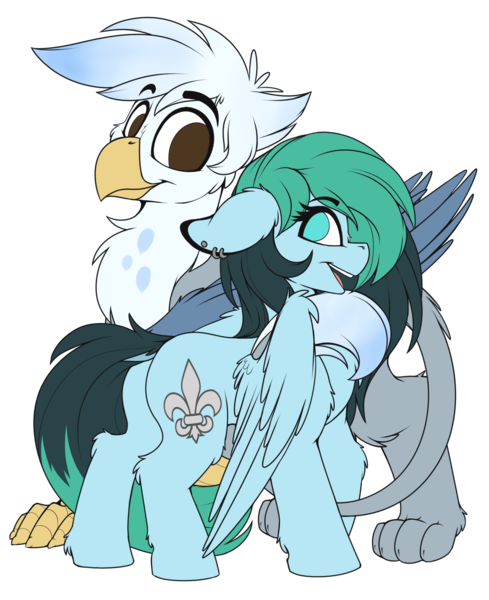 Size: 1500x1842 | Tagged: safe, artist:meggchan, derpibooru import, oc, oc:ganix, oc:liz, unofficial characters only, gryphon, pegasus, pony, 2018 community collab, derpibooru community collaboration, couple, cute, dock, ear piercing, female, floppy ears, galiz, interspecies, looking at each other, looking back, male, mare, piercing, shipping, simple background, transparent background