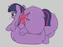 Size: 1436x1062 | Tagged: suggestive, artist:andelai, color edit, colorist:threeareess, derpibooru import, edit, twilight sparkle, twilight sparkle (alicorn), alicorn, unicorn, belly, belly bed, blushing, breath, colored, fat, female, frog (hoof), heart, heart hoof, impossibly large belly, jiggle, large butt, mare, morbidly obese, near immobile, obese, plot, twibutt, twilard sparkle, twilight has a big ass, underhoof