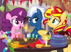 Size: 1000x735 | Tagged: safe, artist:pixelkitties, derpibooru import, night glider, sugar belle, sunset shimmer, bee, equestria girls, cake, carrot, cheese, crossover, cup, cupcake, cute, food, fruit, grin, kwanzaa, pie, pixelkitties' brilliant autograph media artwork, rebecca shoichet, smiling, umoya, voice actor joke