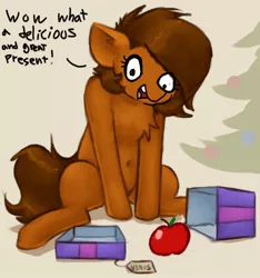 Size: 1912x2040 | Tagged: safe, artist:marsminer, derpibooru import, edit, oc, oc:venus spring, unofficial characters only, pony, apple, belly button, chest fluff, christmas, christmas tree, dialogue, everything is fixed, female, fixed, food, good end, happy, holiday, mare, present, sitting, smiling, tree, venus spring actually having a pretty good time