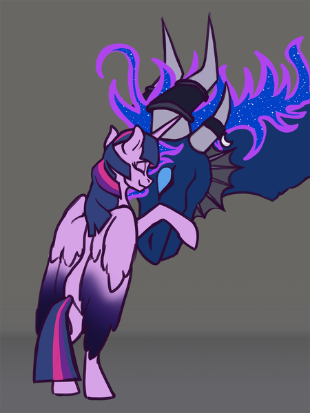 Size: 750x1000 | Tagged: safe, artist:jykinturah, deleted from derpibooru, derpibooru import, princess luna, twilight sparkle, twilight sparkle (alicorn), alicorn, dragon, pony, bipedal, colored wings, colored wingtips, cute, dragoness, dragonified, eyes closed, female, gray background, horn jewelry, horn ring, horns, hug, jewelry, lesbian, lunadragon, mare, nuzzling, shipping, simple background, size difference, smiling, species swap, twiluna, warcraft, world of warcraft