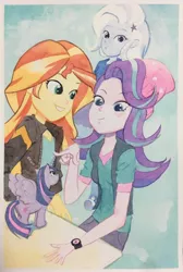 Size: 1378x2048 | Tagged: safe, artist:tyantyai_mokka, derpibooru import, starlight glimmer, sunset shimmer, trixie, twilight sparkle, twilight sparkle (alicorn), alicorn, pony, equestria girls, beanie, clothes, hat, micro, size difference, traditional art, watercolor painting