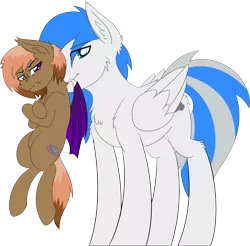 Size: 3136x3091 | Tagged: safe, artist:wcnimbus, derpibooru import, oc, oc:rias, oc:snowstorm, unofficial characters only, bat pony, pegasus, pony, 2018 community collab, derpibooru community collaboration, mouth hold, scruff, simple background, size difference, transparent background