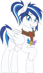 Size: 1701x2879 | Tagged: safe, artist:wcnimbus, derpibooru import, oc, oc:lumi, unofficial characters only, pegasus, pony, 2018 community collab, derpibooru community collaboration, charm, clothes, colored pupils, colored wings, colored wingtips, ear fluff, female, mare, raised hoof, scarf, simple background, smiling, standing, transparent background