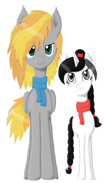 Size: 766x1308 | Tagged: safe, derpibooru import, oc, oc:altius volantis, unofficial characters only, pegasus, pony, unicorn, 2018 community collab, derpibooru community collaboration, clothes, duo, looking at you, scarf, simple background, smiling, transparent background, vector