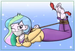 Size: 1450x1000 | Tagged: suggestive, artist:nivek15, derpibooru import, princess celestia, equestria girls, arm behind back, barefoot, bondage, bound and gagged, breasts, feet, female, femsub, fetish, gag, hands behind back, hogtied, one eye closed, principal celestia, solo, solo female, sublestia, submissive, tape gag, tickle fetish, tickling, tied up