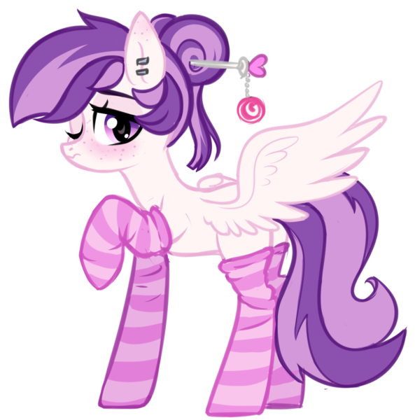 Size: 1688x1708 | Tagged: safe, artist:starrcoma, derpibooru import, oc, oc:mentol heart, unofficial characters only, pegasus, pony, 2018 community collab, derpibooru community collaboration, blushing, clothes, ear piercing, female, freckles, looking at you, mare, one eye closed, piercing, raised hoof, shy, simple background, socks, solo, striped socks, transparent background, wings