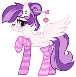 Size: 1688x1708 | Tagged: safe, artist:starrcoma, derpibooru import, oc, oc:mentol heart, unofficial characters only, pegasus, pony, 2018 community collab, derpibooru community collaboration, blushing, clothes, ear piercing, female, freckles, looking at you, mare, one eye closed, piercing, raised hoof, shy, simple background, socks, solo, striped socks, transparent background, wings