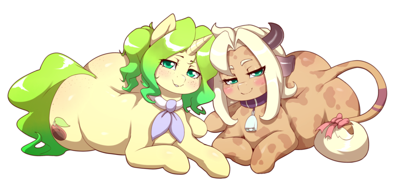 Size: 1691x800 | Tagged: safe, artist:spindlesx, derpibooru import, oc, oc:brandi, oc:nature nurture, unofficial characters only, cow, pony, unicorn, 2018 community collab, derpibooru community collaboration, bell, blushing, bow, collar, cow ears, cowbell, cute, female, group, hips, horn, horns, looking at you, lying down, side, simple background, tail, transparent background, wide hips